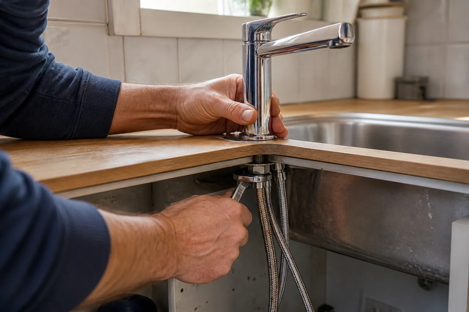 Instalación de un grifo de cocina y sus conexiones