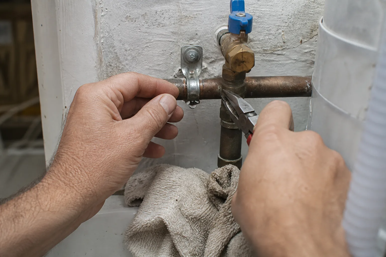 Revisión de una unión de tubería con una pequeña fuga de agua